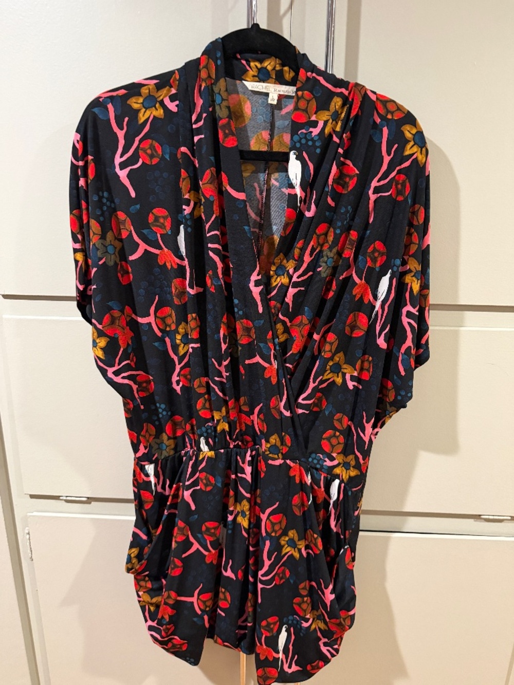 Rachel Rachel Roy Printed Wrap Dress Black Pink Floral Bird Mini Dress Size L